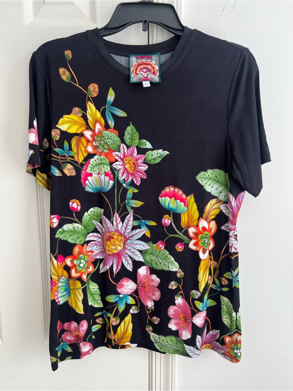 Johnny Was Black Floral Short Sleeve Tee with Multicolor Blooms